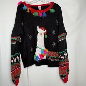 Holiday Time Llama Santa Hat Ugly Christmas Sweater Women XL 16/18 Tassels Party